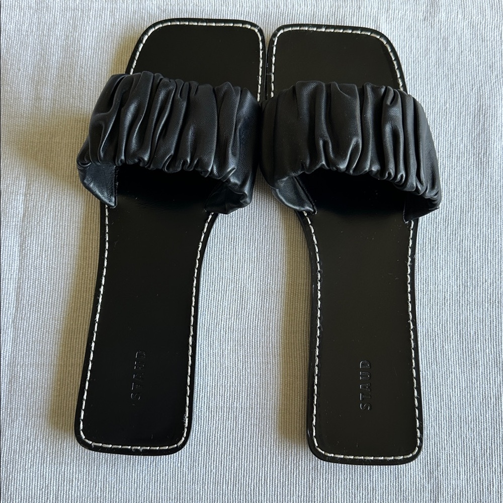 STAUD Black Nina Ruched Slide Slip On Leather Sandal Made in Portugal, Size 9 - Picture 4 of 14